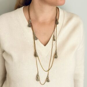 Anthropologie SHIRALEAH Lena Long Tassel Boho Wrap Necklace, Grey & Gold
